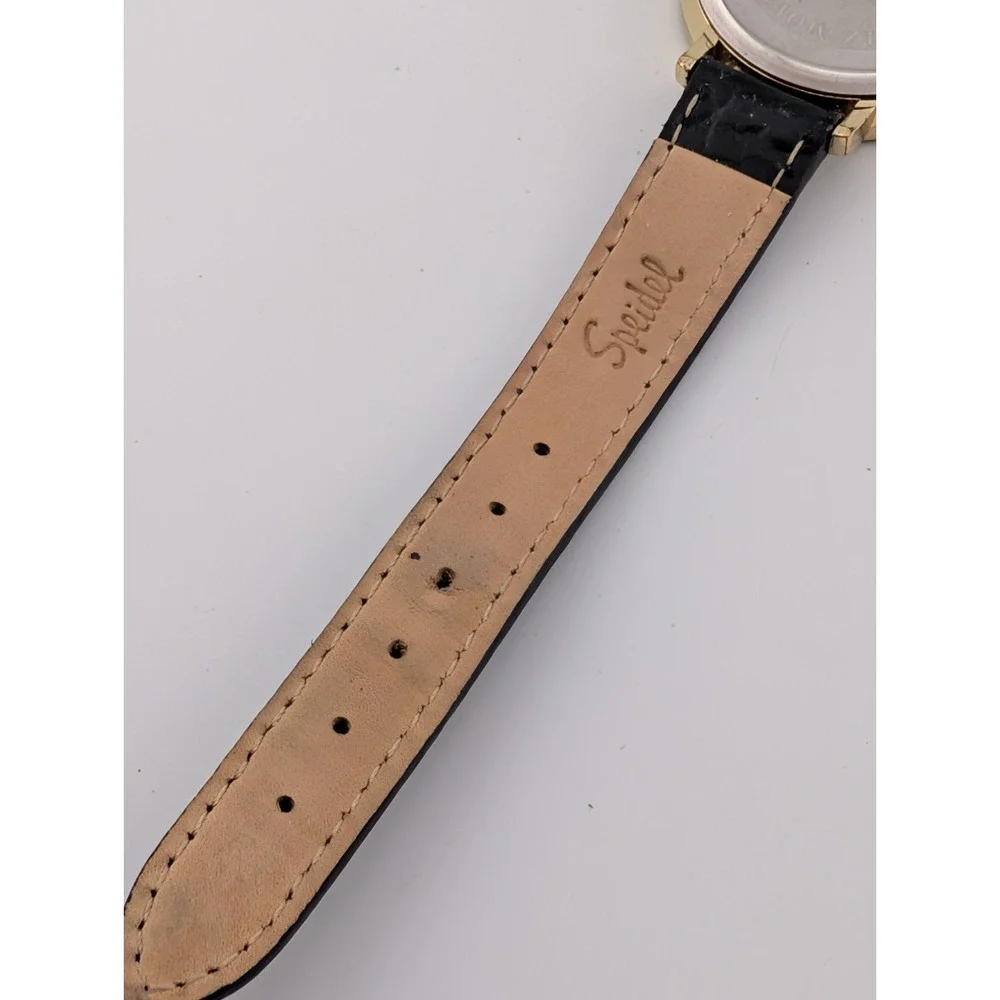 Women's Quartz Watch 38mm Gold Case Crystal Bezel Black Leather Band New Battery